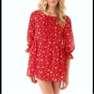 Free People Red Floral Mini Babydoll Dress Tunic Dress Boho Bohemian